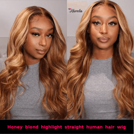 Hurela Honey Blond Highlight Straight Human Hair Wig 4*0.75 Lace Part 13*4 Lace Frontal Long Straight Hair 150% Density Facebook Special Sale