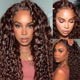 Hurela Dark Auburn Water Wave 13x4 Lace Front Human Hair Wigs Pre Plucked With Baby Hair 150% Density Delizzle's same hair Weekend sale