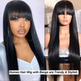 Hurela Affordable Long Straight Hair Wig With Bang Natural Looking Machine Made Human Hair Wig For Women