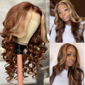 Hureal Loose Wave 13x4 Lace Front Wig 180% Density Face-Framing Brunette With Blonde Highlight Color #LT427