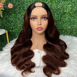 Hurela U Part Copper Red With Dark Roots Ombre Wigs Glueless Body Wave U Part Human Hair Wigs