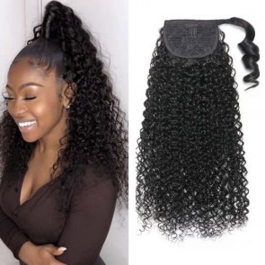 Hurela Afro Kinky Curly Drawstring Ponytail Human Hair Extensions Wrap Around with Clips In for Women Natural Black