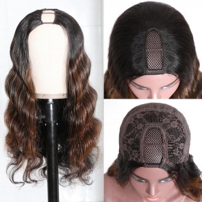 Hurela 150% Density U Part Wig Black Hair With Brown Highlights Body Wave Wig Human Hair 1x4 Inch Opening Size