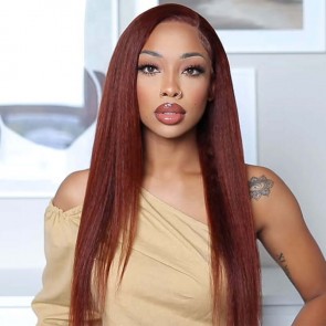 Hurela Kinky Straight Reddish Brown 13x4 Lace Front Wig Dark Auburn Copper Color Human Hair Wigs 150% Density