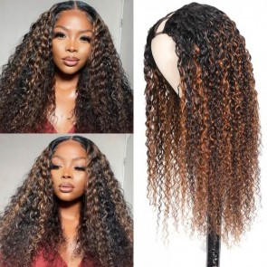 Hurela Brown Highlight Color U Part Human Hair Wig Balayage Curly V Part Human Hair Wigs 150% Density Color #FB30