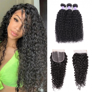 Hurela Malaysian Virgin Hair Curly Weave 3 Bundles With Lace Closure Deals