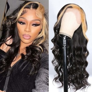 Hurela Honey Blonde Skunk Stripe Loose Wave 13x4 Lace Frontal Wig New Trendy Highlights Human Hair Wigs Brand Sale