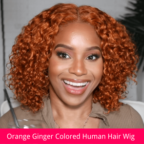 Hurela Jerry Curly Orange Ginger Colored 4X0.75 Middle Lace Part Human Hair Wig