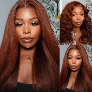 Hurela Kinky Straight Reddish Brown 13x5x0.5 Lace Part Wig Dark Auburn Copper Color 13x4 Lace Frontal Human Hair Wigs 150% Density