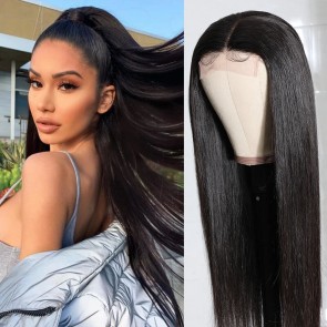 Hurela Straight Virgin Human Hair Lace Part Wig 150% Density Natural Hairline T Part Wig Natural Color
