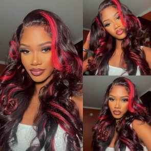 Hurela 13x4 Lace Front Dark Burgundy With Rose Red Highlights Loose Wave Wig
