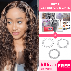 Hurela Brown Hair Balayage Highlights 13x4 Lace Front Wigs Water Wave Wig #FB30