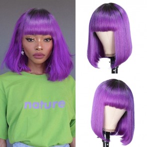 Hurela Ombre Purple Bob Human Hair Wig With Bangs 12 Inch Colored Short Bob Blunt Cut Wigs For Girls
