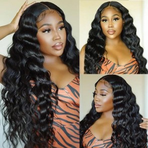 Hurela Cheap Deep Wave Wig T Part Wig Natural Virgin Human Hair Black Wigs 150% Density