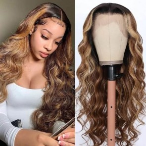 Hurela Blonde Highlight Brown With Chunky 13x4 Lace Frontal Wigs Loose Wave Pre-plucked Human Hair Color Wigs