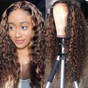 Hurela Brown Hair Balayage Highlights 13x4 Lace Front Wigs Jerry Curly Wig #FB30
