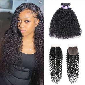 Hurela Brazilian Hair Curly Weave 3 Bundles With T Part Lace Closure