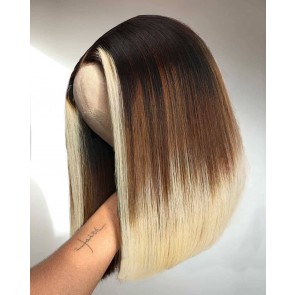Hurela 4x0.75 Lace Part Dark Root Black to Brown to Blonde Ombre Bob Human Hair Wig With Blonde Highlight