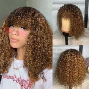 Hurela Short Curly Bob Wig Mix Color With Brown and Ombre Medium Auburn Ginger Color Glueless Wig With Bangs