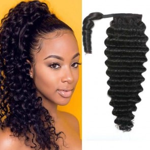 Hurela Deep Wave Wrap Around Clip In Ponytail Hair Extensions Magic Velcro Natural Color Hairpieces For Women