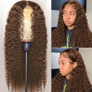 Hurela Brown Jerry Curly 4x4 T Part Wig Wavy Human Hair Wigs #4 Colored Wigs