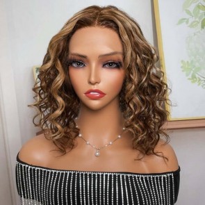 Hurela Short Highlight Brown Color Bouncy Curly Bob Wig 13X5X0.5 Middle Lace Part Wig Pre Plucked Hairline Independence Day Sale