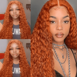 Hurela Jerry Curly Orange Ginger Colored 4X0.75 Middle Lace Part Human Hair Wig