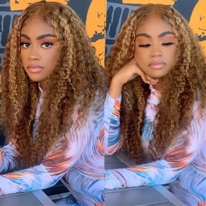 Hurela Blonde Highlight Colored 4x4 Lace Closure Wigs Jerry Curly Wigs Pre Plucked Easy To Install Color #TL412