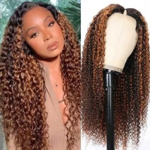 Hurela V Part Wig Jerry Curly Balayage Highlight Color Wigs U Part Human Hair Wigs 150% Density #FB30