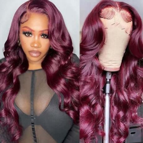 Hurela 13X4 Burgundy Lace Front Wig 99J Body Wave Human Hair Wigs Pre-plucked with Baby Hair