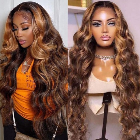 Hurela 13x4 Transparent Lace Front Glueless Wigs Blonde Highlight Piano Colored Wigs Body Wave Hair Wigs TL412# Color 150% Density