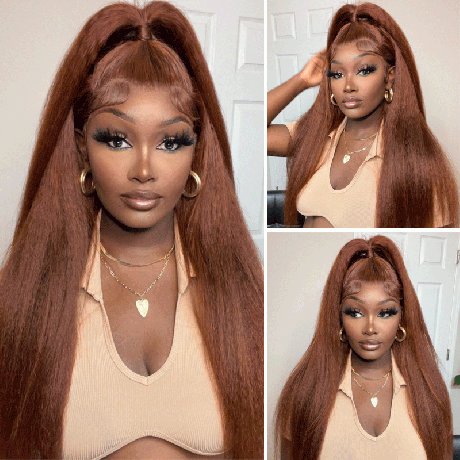 Hurela 13X4 Kinky Straight Lace Front Wigs With Baby Hair Dark Auburn Human Hair Wigs 150% Density