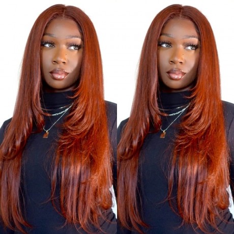 Hurela Reddish Brown Bone Straight 13x4 Lace Front Wig Human Hair With Layer Inner Buckle Auburn Copper Color Adoraabells Same Hair