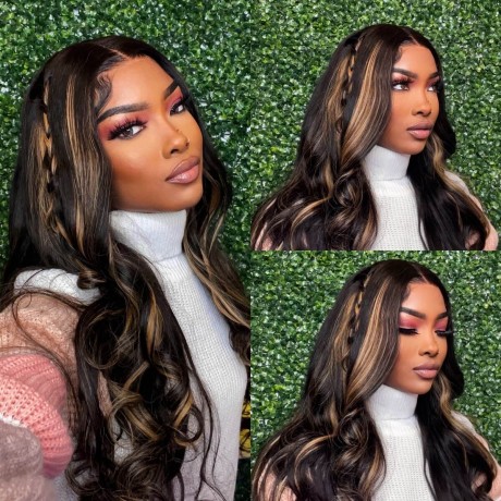 Hurela 13x4 Chocolate Brown Body Wave With Peek A Boo Blonde Highlights Loose Wave Transparent Lace Front Glueless Wig Beyoncé Inspired Get REBIANA Same Hair Style