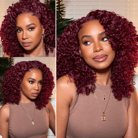 Hurela 4x0.75 Lace Burgundy Colored Jerry Curly 13X4 Lace Frontal Human Hair Wig For Women Pre-Plucked Wig Get Queenleoraisback Same Hair Style