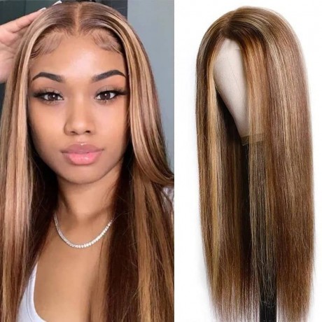 Hurela 150% Density Blonde Highlight Piano Color 4*0.75 Lace Part Wig Wig Human Hair Long Straight Hair