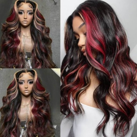 Hurela Blonde And Red Body Wave 13x4 Lace Front Wigs Red Multi Color Highlights Human Hair Wigs