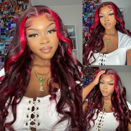 Hurela 13x4 Lace Front Dark Burgundy With Rose Red Highlights Loose Wave Wig