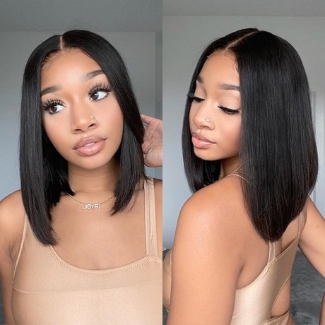 Hurela Short Straight T Part Bob Wig With Baby Hair Along The Hairline 4*4 Lace Closure 100% Human Hair Black Wigs 150% Density