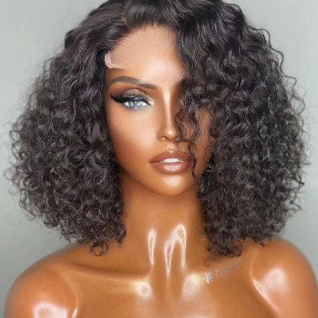Hurela Natural Hairline 4x4 Lace Closure Wig Short Bob Water Wave Hair Black Wigs 150% Density