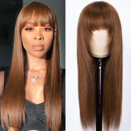 Hurela Cheap Dark Brown Hair Glueless Wigs Human Hair Colored Wigs With Bang Straight Hair Wig