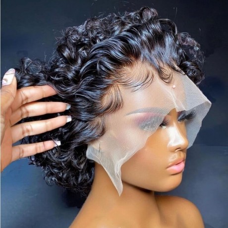 Hurela Pixie Cut Wig Short Curly Human Hair Wigs 13x1 Lace Frontal Wig Black Color