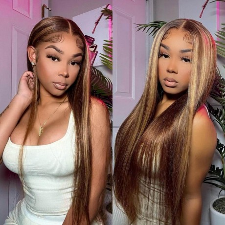 Hurela Blonde 13x5x0.5 Lace Part Straight Highlight Wig With Curly Edge Bangs And Baby Hair TL412 Color