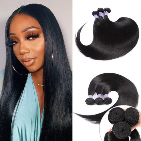 Hurela Brazilian Straight Human Hair Weave 3 Bundles Remy Human Hair Natural Black Color