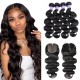 Hurela Body Wave 4 Bundles With T Part Lace Closure Natural Black
