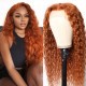 Hurela Burnt Orange Water Wave T Part Lace Human Hair Wigs Wet And Wavy Ginger Wig 150% Density