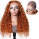 Hurela Burnt Orange Water Wave T Part Lace Human Hair Wigs Wet And Wavy Ginger Wig 150% Density