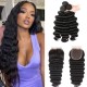 Hurela 3 Bundles With 4x4 Lace Closure Peruvian Loose Deep Wave Hair Free Part Natural Color