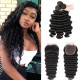 Hurela 3 Bundles With 4x4 Lace Closure Brazilian Loose Deep Wave Hair Free Part Natural Color