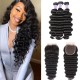 Hurela 3 Bundles With 4x4 Lace Closure Brazilian Loose Deep Wave Hair Free Part Natural Color